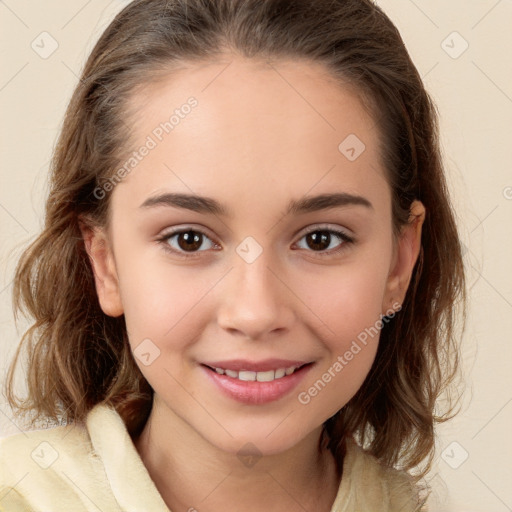 Joyful white child female with medium  brown hair and brown eyes