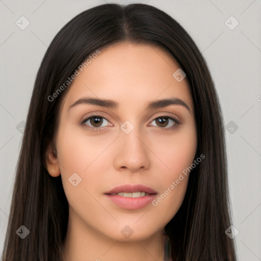 Neutral white young-adult female with long  brown hair and brown eyes