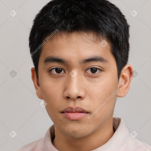 Neutral asian young-adult male with short  black hair and brown eyes