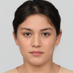 Neutral white young-adult female with short  brown hair and brown eyes