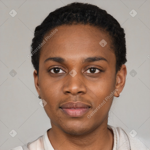 Neutral black young-adult male with short  black hair and brown eyes