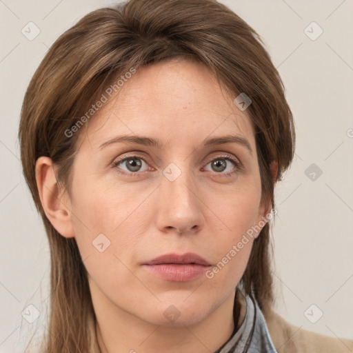 Neutral white young-adult female with medium  brown hair and grey eyes