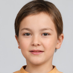 Joyful white child female with short  brown hair and brown eyes