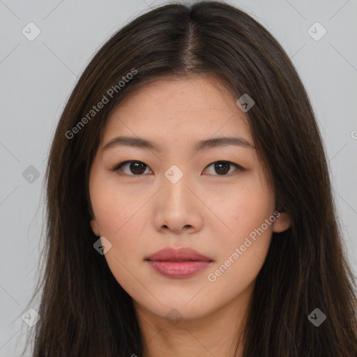 Neutral asian young-adult female with long  brown hair and brown eyes