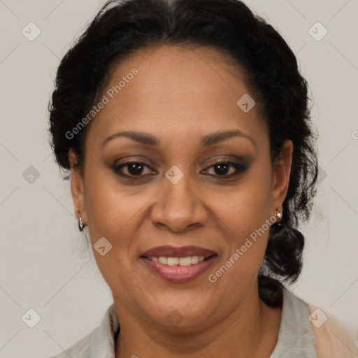 Joyful latino adult female with short  brown hair and brown eyes