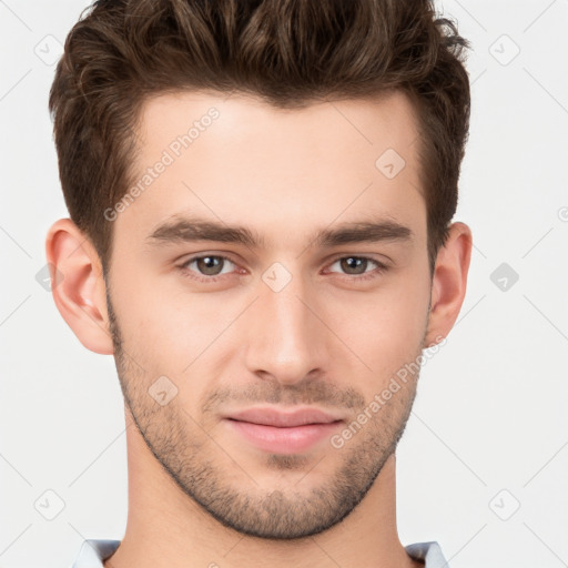 Neutral white young-adult male with short  brown hair and brown eyes