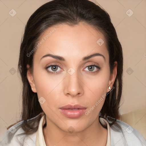 Neutral white young-adult female with medium  brown hair and brown eyes