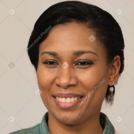 Joyful latino adult female with medium  brown hair and brown eyes