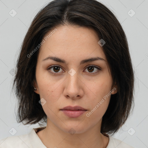 Neutral white young-adult female with medium  brown hair and brown eyes