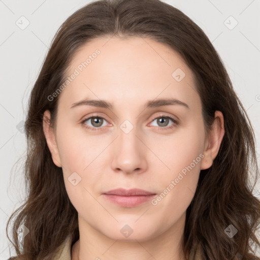 Neutral white young-adult female with long  brown hair and grey eyes