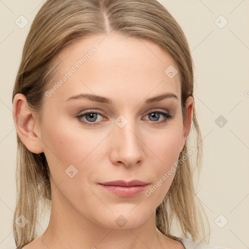 Neutral white young-adult female with long  brown hair and grey eyes