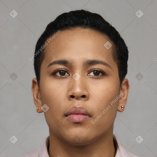 Neutral latino young-adult male with short  black hair and brown eyes