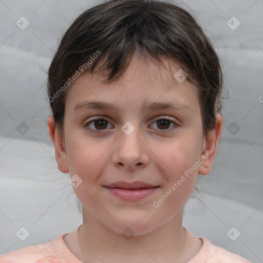 Joyful white child female with medium  brown hair and brown eyes