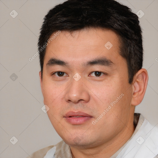 Joyful white young-adult male with short  black hair and brown eyes