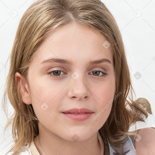 Neutral white young-adult female with medium  brown hair and grey eyes