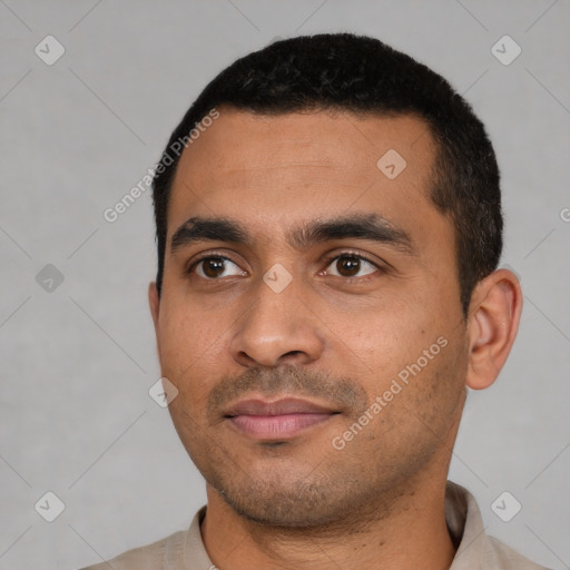 Neutral latino young-adult male with short  black hair and brown eyes