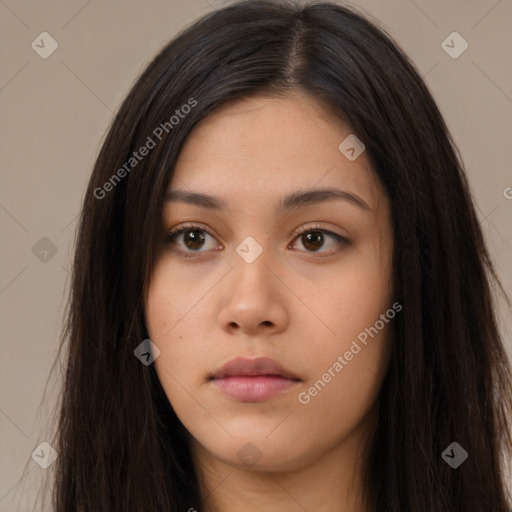 Neutral asian young-adult female with long  brown hair and brown eyes