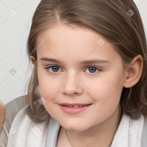 Joyful white child female with medium  brown hair and brown eyes