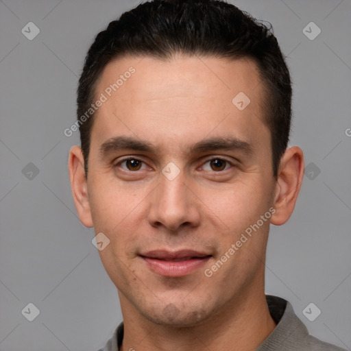 Joyful white young-adult male with short  brown hair and brown eyes