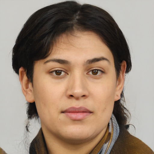 Neutral black young-adult female with medium  brown hair and brown eyes