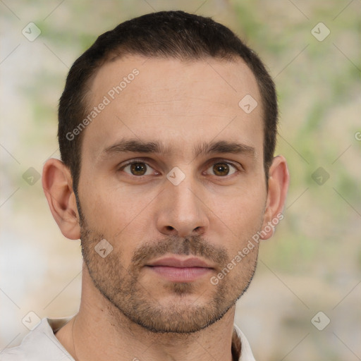 Neutral white adult male with short  brown hair and brown eyes