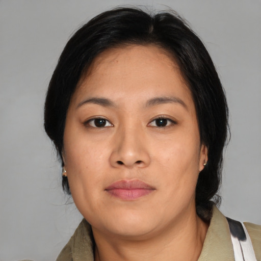 Neutral asian young-adult female with medium  brown hair and brown eyes