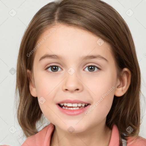 Joyful white child female with medium  brown hair and brown eyes