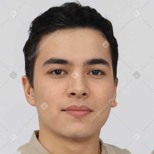 Neutral asian young-adult male with short  black hair and brown eyes