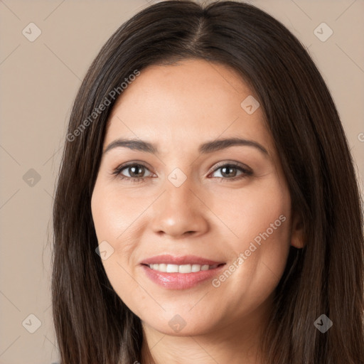 Joyful white young-adult female with long  brown hair and brown eyes