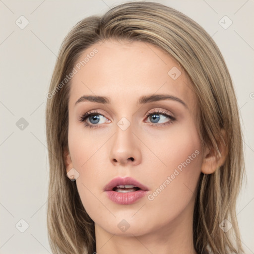 Neutral white young-adult female with long  brown hair and grey eyes