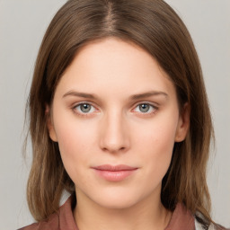 Neutral white young-adult female with medium  brown hair and grey eyes