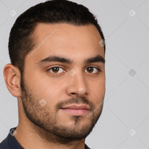 Neutral white young-adult male with short  brown hair and brown eyes