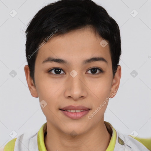 Joyful latino young-adult female with short  brown hair and brown eyes