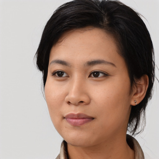 Neutral asian young-adult female with long  black hair and brown eyes