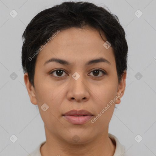 Joyful asian young-adult female with short  brown hair and brown eyes
