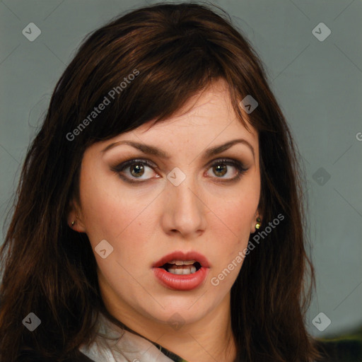 Neutral white young-adult female with long  brown hair and brown eyes