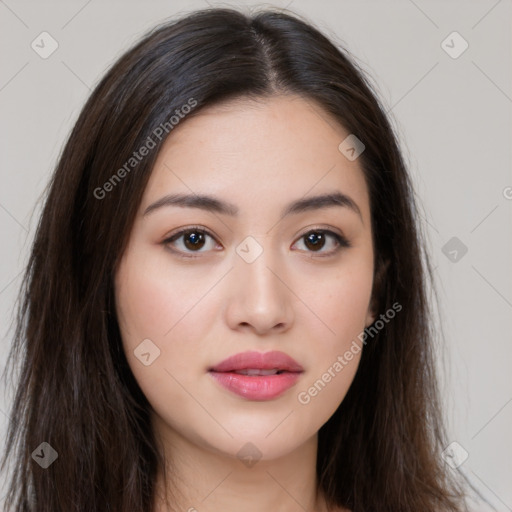 Neutral white young-adult female with long  brown hair and brown eyes