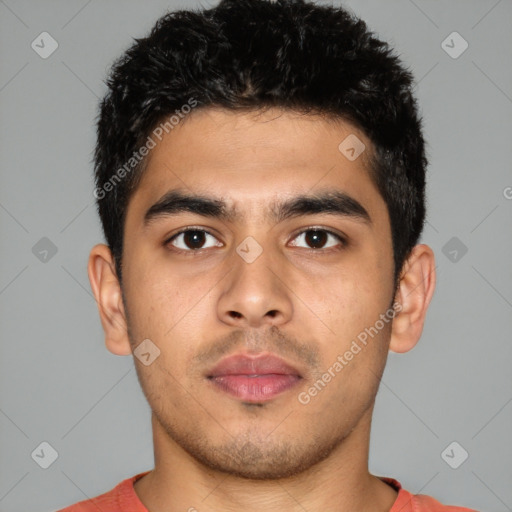 Neutral latino young-adult male with short  black hair and brown eyes