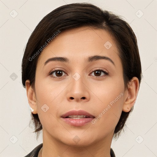 Joyful white young-adult female with medium  brown hair and brown eyes