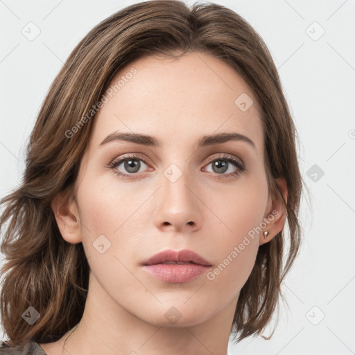 Neutral white young-adult female with medium  brown hair and grey eyes