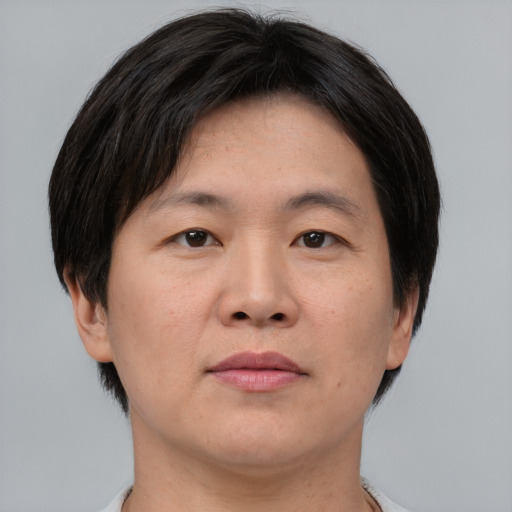 Neutral asian adult male with short  brown hair and brown eyes