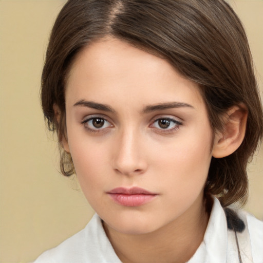 Neutral white young-adult female with medium  brown hair and brown eyes