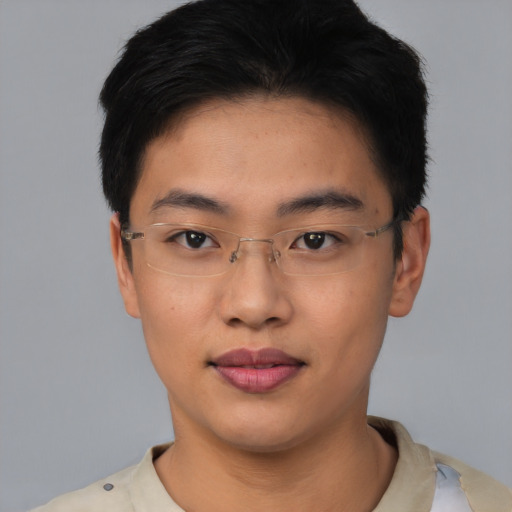 Joyful asian young-adult male with short  black hair and brown eyes