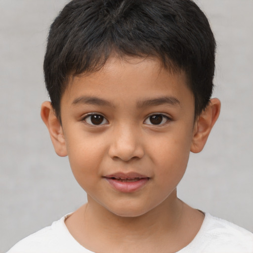 Joyful latino child male with short  brown hair and brown eyes