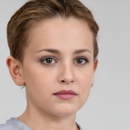 Neutral white young-adult female with short  brown hair and brown eyes