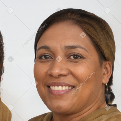 Joyful white adult female with long  brown hair and brown eyes