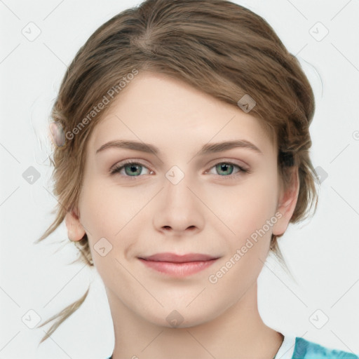 Joyful white young-adult female with medium  brown hair and green eyes