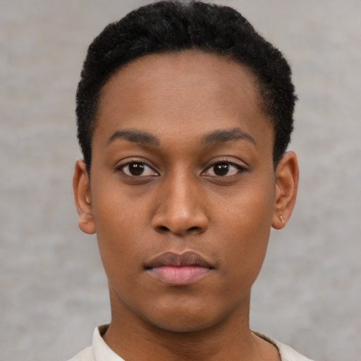 Neutral black young-adult female with short  black hair and brown eyes