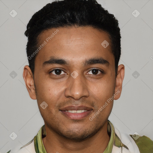 Joyful latino young-adult male with short  black hair and brown eyes