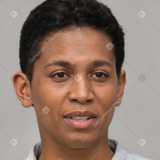 Joyful latino adult female with short  brown hair and brown eyes